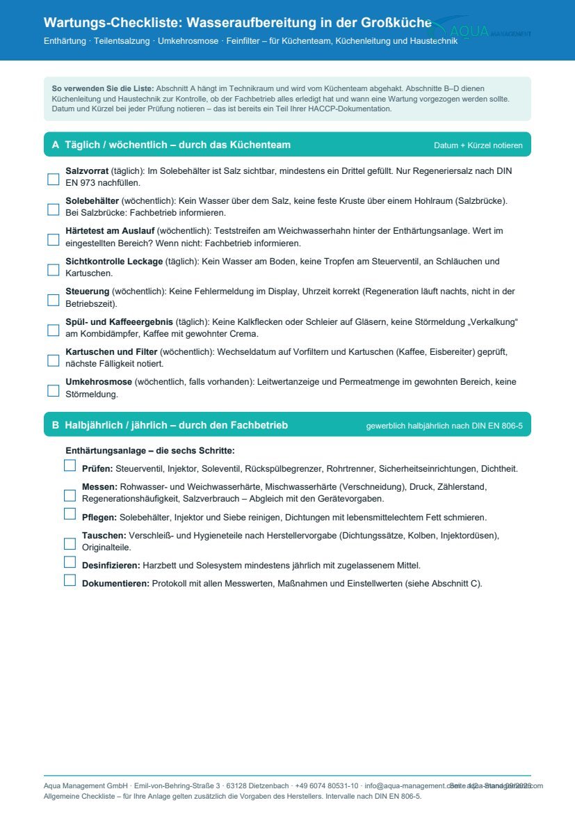 Vorschau der ersten Seite der Wartungs-Checkliste Wasseraufbereitung in der Großküche